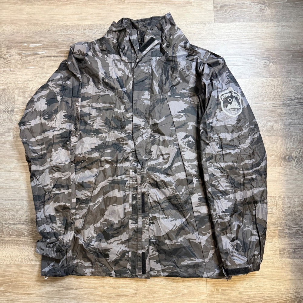 Fine Field Rain Jacket Mens L Grey Tiger Stripe Camo Water Resistant Windbreaker